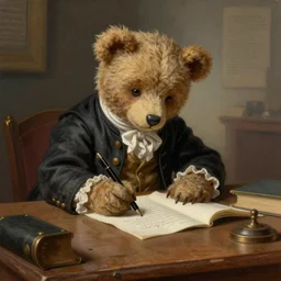 a beautiful complex painting of a teddy bear writing a note of the declaration of the american revolution