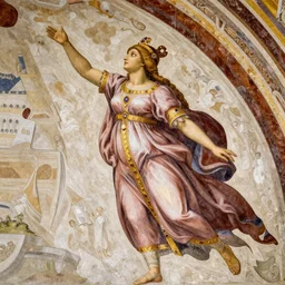 mural of a young godess of spring, beautiful royal gown, royal ornaments,  reaching towards the heavens, holy imagery, highly detailed, beautiful colors, renaissance mural, golden ratio, mural in the style of sandro boticceli, sandro boticceli
