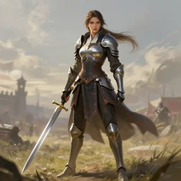 Female warrior standing on a battlefield with a one-handed sword, highly detailed, 8k, elegant, gallant, ambient, digital painting, art station, concept art, smooth, sharp focus, illustration,