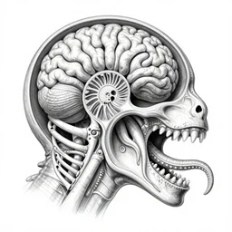 hyper-detailed color pencil antique medical illustration of Kaiju head cross-section, nautilus brain, ribcage, xenomorph, with tentacles coming out of open mouth and exposed jaw bone, cervical spinal column, vertebra, arteries, cerebral corpus callosum, interventricular foramen, symmetrical