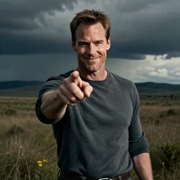 dexter morgan smiling and pointing at the camera, photorealistic, high contrast