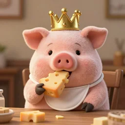 realistic photo of a cute velvet plush pig wearing a gold crown eating cheese at a table with a bib on, high quality, cinematic concept art