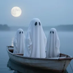 close - up, ghosts, ghosts on boat on the middle of lake, very fog, moon rays through the fog, night sky, yellow stars, deep blue mood, old photo, photorealistic, blur
