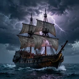 pirate ship in the sea, sea storm, lightning, dramatic clouds, fear, sea monster
