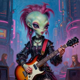 close up portrait of a cute punk goth fashion alien martian girl playing electric guitar in a fluorescent cyberpunk futuristic city, oil painting by canaletto hieronymus bosh leonardo da vinci piero della francesca botticelli