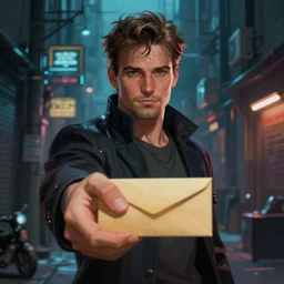 portrait of a businessman handing the viewer an envelope, detailed digital illustration by greg rutkowski, cyberpunk back alley, nighttime