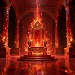 massive scale, wide angle, a majestic throne room, inferno, red, at the dawn of time, glass paint, over - glaze, ornament, time - lapse, perspective, double - exposure, light, tones of black in background, super resolution,, perfectionism, soft lighting, ray tracing global illumination, luminescence, crystalline, lumen reflections, symmetrical
