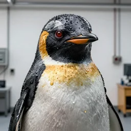 photo taken of an epic intricate, ultra detailed, super realistic gritty, wet, lifelike sculpture of a ghoulish cyborg penguin created by weta workshop, zoomed in shots, sublime subsurface scattering, photorealistic, sharp focus, white wall coloured workshop, desaturated, cold colour temperture, f 0. 4, face centred, golden ratio, golden hour