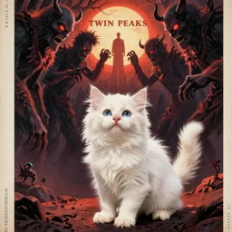 small innocent white fluffy cat, evil beings loom above him, they reach into his mind, twin peaks poster art, from scene from twin peaks, by michael whelan, artgerm, retro, nostalgic, old fashioned, 1 9 8 0 s teen horror novel cover, book