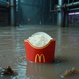 flooded mcdonald's mc - aspic aspic meal, in 1 9 9 5, y 2 k cybercore, industrial low - light photography, still from a ridley scott movie