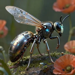 3D render of intricate wasp, cyberpunk cyborg wasp, shiny textured plastic shell, titanium, wires, pinned joints, glowing LEDs, cables, antennae, circuitry, chips, capacitors, dramatic lighting, highly detailed digital painting by H.R. Giger and Johanna Martine and Jeffrey Smith, background natural flower, poppies, foliage, octane engine render 8k HDR