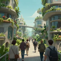 a cinematic close up shot of people walking through a utopian city walkway on top of buildings, green plants, blue sky