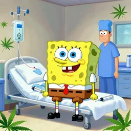 Spongebob Squarepants in Toy Story 2, at the hospital in patient gown, scrubs, syringes, Intravenous Cannulation Periprocedural Care, marijuana greenery, digital art