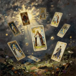 magical fantasy tarot cards floating, oil painting