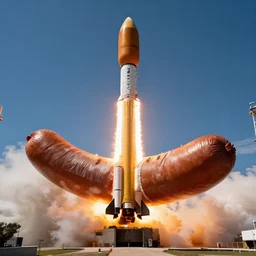 professional photograph of falcon 9 launch but the rocket is a sausage, hyperrealistic, extremely detailed