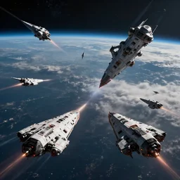 huge space battle, multiple spaceships fighting, moody lighting, 8 k