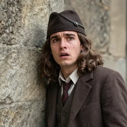 Portrait of a terrified young man in 1930s disguise with long hair cornered against a stone wall. He is looking utterly panicked and distressed. 4K sigma 85mm