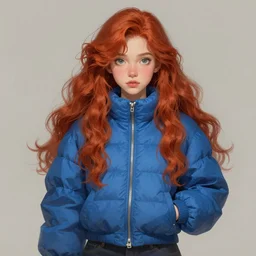 madeline from celeste, blue bubble jacket red long hair, highly detailed, digital painting, artstation, concept art, sharp focus, illustration, art by greg rutkowski and alphonse mucha