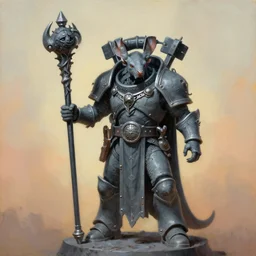 painting of grey seer skaven holding a staff, prophet of the great horned rat chaos god, rat person, vermintide, zdzislaw beksinski, lewis jones, dariusz zawadzki, wayne barlow, warhammer, cold hue's, warm tone gradient background, concept art, accurate anatomy