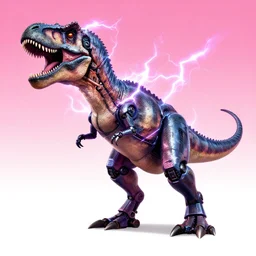 chrome robot tyrannosaurus rex engulfed in electricity bolts, pink to white gradient background by Hajime Sorayama