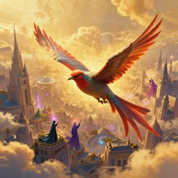 post - minimalism portrait of a magical city bird's eye view, golden clouds, elvish wizards doing spells, vibrant color scheme, highly detailed, in the style of romanticism, cinematic, artstation, moebius, greg rutkowski