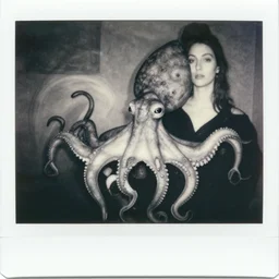 a black and white photo of cephalopodal androgyny, mandelbrot, in the style of egon schiele, jenny saville, m c escher, surreal, film photography, soft lighting, fashion photography, polaroid photography