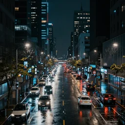 a city street at night, raining, photograph, cars on the road, cyberpunk, sharp focus