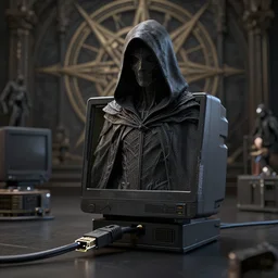 cinema 4 d ethernet render, cult, black mass, crt, coded humanoid, hooded robbed dark ceremony, ethernet cable, black mass, extremely detailed, insanely detailed and intricate, ordo templi orientis background, depth field, unreal engine, deep focus, movie still, dramatic lighting, by michal karcz and yoshitaka amano, 4 k concept art and hyper realism