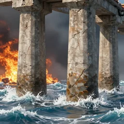 big crumbling pillars over raging turbulent waters, conflagration in the background a lot of fire, hyper realistic, highly detailed, digital art, apocalyptic, epic lighting, raytracing