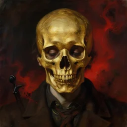portrait of sad man whose half face is golden skull, red ash floating, dust particles, dark atmosphere, lovecraftian, full of emotion, painting by beksinski