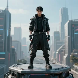 a man dressed in cyberpunk style clothing standing on top of a raised platform, futuristic city in the background