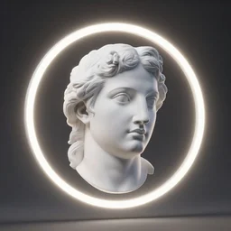 head of a renaissance statue in a huge neon ring, 3 d render