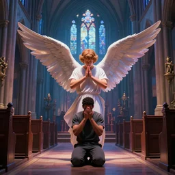 angel protecting man who is praying inside a gothic church rendered by Beeple, synthwave style, environment concept, digital art, unreal engine, WLOP, trending on artstation, 4K UHD image,