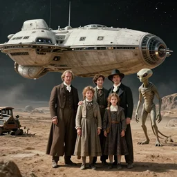 sharp, detailed, 256k film still from a sci fi color movie made in 2022, set in 1860, of a family standing in front of a spaceship that has just landed on an alien planet, a humanoid alien creature stands nearby, the family are all wearing 1850s era clothes, cinematic lighting, good photography, sharp focus