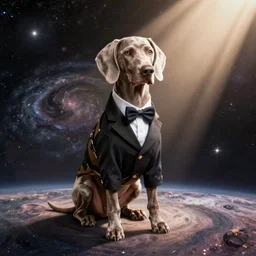 a weimaraner dog in a fancy clotes on the cosmos
