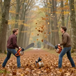 men with leaf blowers fighting the falling leaves in a forest, detailed face, by Steve McCurry and David Lazar, CANON Eos C300, ƒ5.6, 35mm, 8K, medium-format print