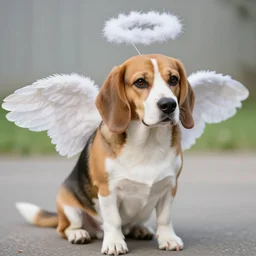 A beagle dressed as an angel.