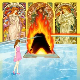 a man on fire and a girl on ice, pink floyd album cover, 1 9 7 0's, by storm elvin thorgerson, moebius, craig mullins, beksinski, bruegel, greg rutkowski, alphonse mucha, and yoshitaka amano, colorful flat surreal design, hd, 8 k, artstation
