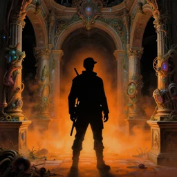 a silhouette of an explorer in a baroque neoclassicist halls overgrown with colorful alien technology. close - up view, detailed textures. glowing orange fog, dark black background. highly detailed fantasy science fiction painting by moebius, norman rockwell, frank frazetta, and syd mead. rich colors, high contrast
