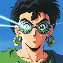 risograph grainy painting of running man anime - like hero protagonist face, matte colors, with huge earrings and glasses with a lot of details and lasers, covered with plants, by moebius and dirk dzimirsky and satisho kon, blue hour, close - up wide portrait