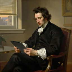 Rembrandt painting. A handsome man sitting in his penthouse suite using an iPad.
