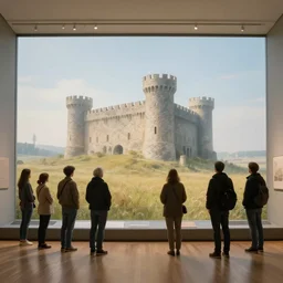 megalophobia!!!!! photo of an exhibit museum room, people looking at a stone castle in a field art by oleg kapustin, national art museum, scientific, ethereal, rule of thirds
