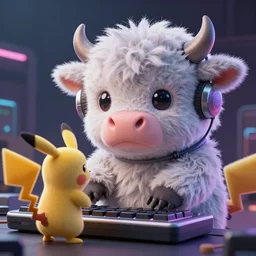 high quality 3 d render very cute neuromancer fluffy! mutant cow playing! keyboard!!, highly detailed, unreal engine cinematic smooth, in the style of blade runner & detective pikachu, hannah yata charlie immer, moody light, low angle, uhd 8 k, sharp focus