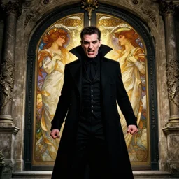 hyperrealistic portrait of jeff goldblum as a vampire witch furious standing in a black coat reflection in a classical ornate stone gate portal. by jeremy mann and alphonse mucha, fantasy art, photo realistic, dynamic lighting, artstation, poster, volumetric lighting, very detailed faces, 4 k, award winning