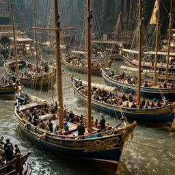 cinematic, market aquare, blue and gold boats, dozens of people, hybrid from the lord of the rings and art direction by darius zawadzki, sharp focus, highly detailed, wideangle epic scale, dynamic dramatic lighting, shadows, cinematic atmosphere, artstation, hyperrealistic, 8 k 4 k uhd image