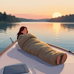 one woman in sleeping bag sitting on a yacht on the lake at sunset highly detailed 2 d illustration in matte colors
