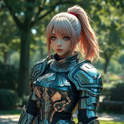 a masterpiece ultrarealistic ultradetailed photograph of a lifelike real anime girl that is dressed in steel plate armor, inside a park, art by wlop, photoreal, lgbt, highly rendered, blender, unreal engine, readable, extremely detailed, trending on artstation, sharp focus, 4 k