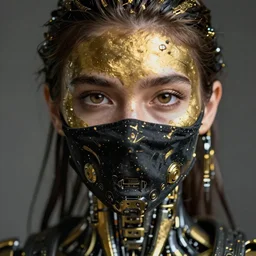 a stunning ultra detailed fantasy fine art portrait photo of a cyborg fully covered in black and gold paint, by tom bagshaw, artgerm and natalie shau, bandana mask, 3 5 mm lens, golden ratio composition, deep depth of field, perfect eyes and face, biomechanical robot, gold cybernetic implants, cyberpunk, soft lighting, artstation, 8 k