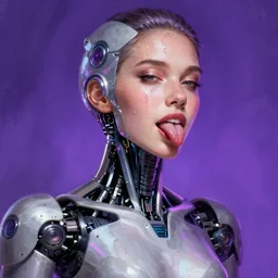 attractive futuristic female i robot sticking tongue out sensually and sweating, torso portrait, intricate, elegant, purple volumetric lighting, scenery, digital painting, highly detailed, artstation, sharp focus, illustration, concept art, luis rollo, ruan jia, steve mccurry, john berkey