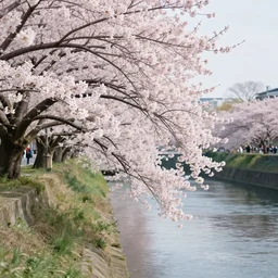 photo of cherry blossom tree along a river, cinematic, beautiful, high detail, instagram,